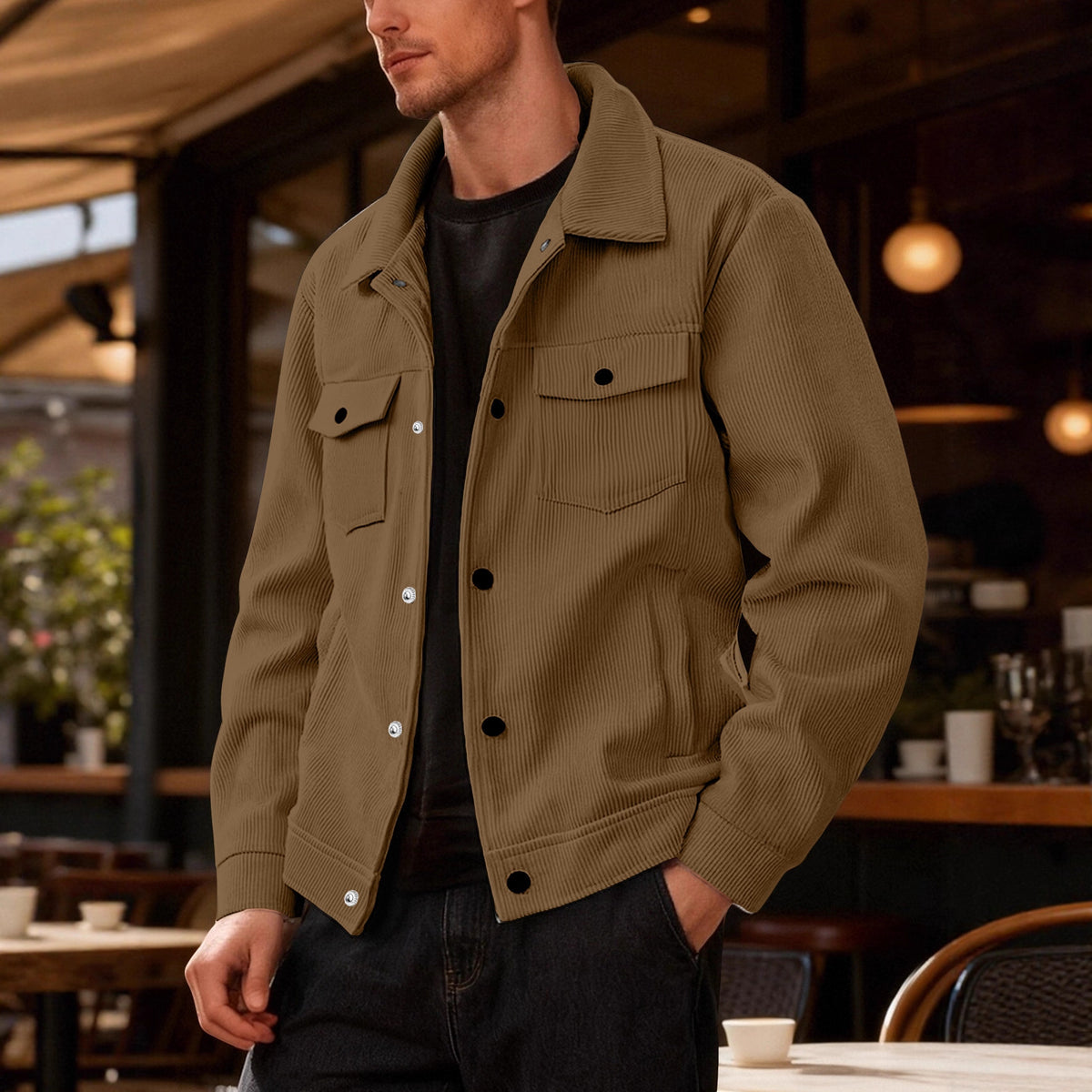 European and American Tk Corduroy Unique-Breasted Trendy Lapel manches longues chemise Pocket Ja