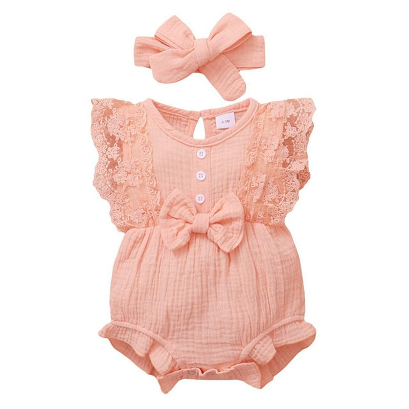 Filles de nourrisson et de toute-petite filleRompe de dentelle de couleur brune avec bib