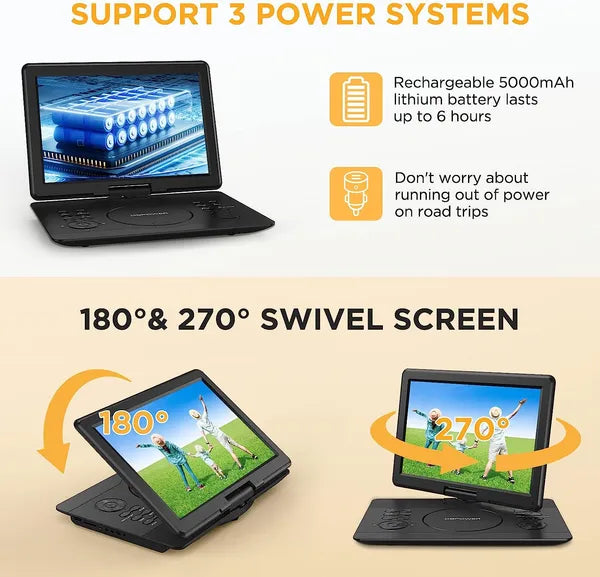 DBPOWER Lecteur DVD portable 16.9" avec grand écran pivotant HD 14.1"