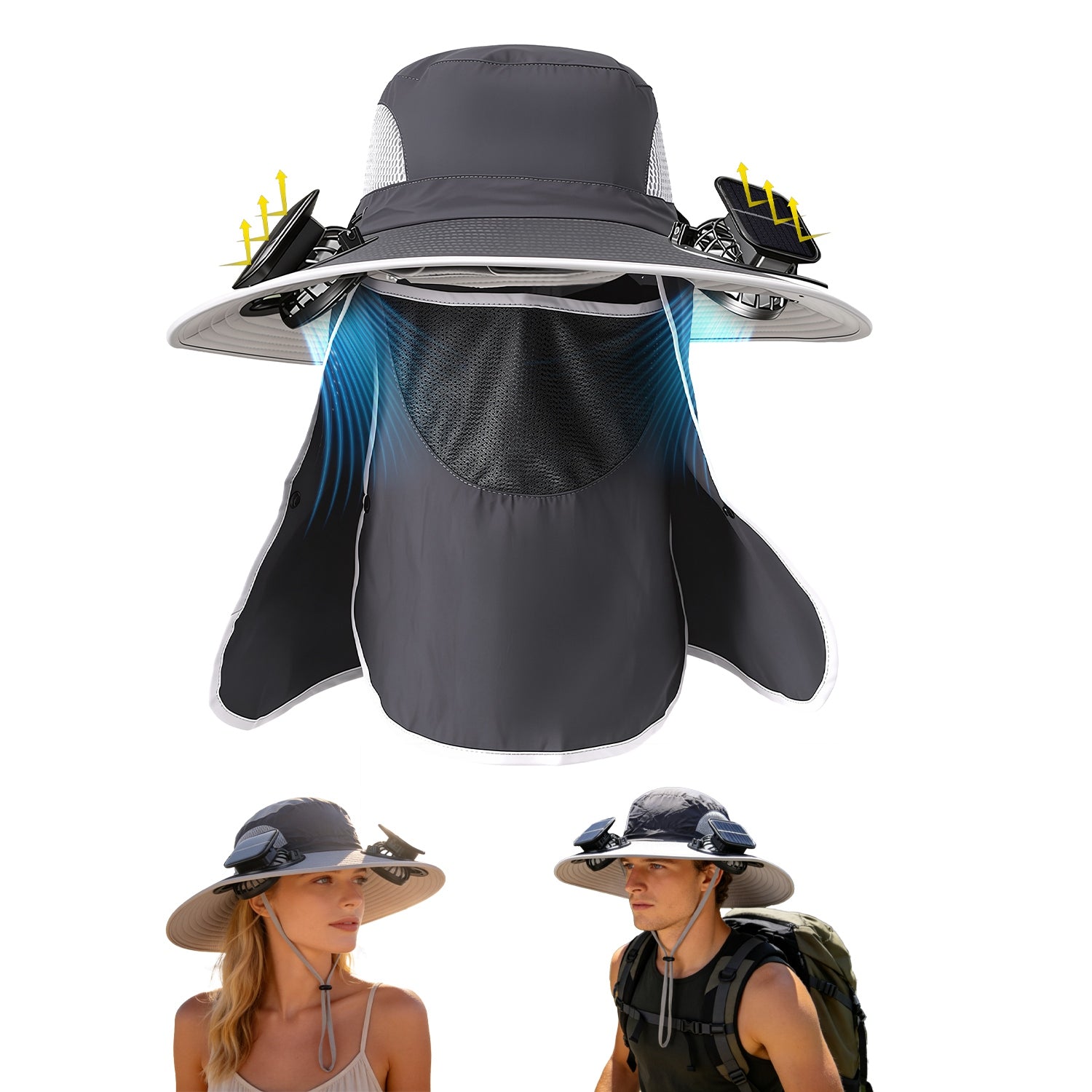 1Pc 2 En 1 Solar Fan Hat UPF50 Chapeau de soleil avec ventilateurs large Brim Chapeau de pêche avec couverture de visage Nec