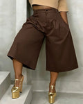 Ld2849 Khaki semi-élastique Waistband Front plissé large-leg Loose Fit Drapey Straight Casua