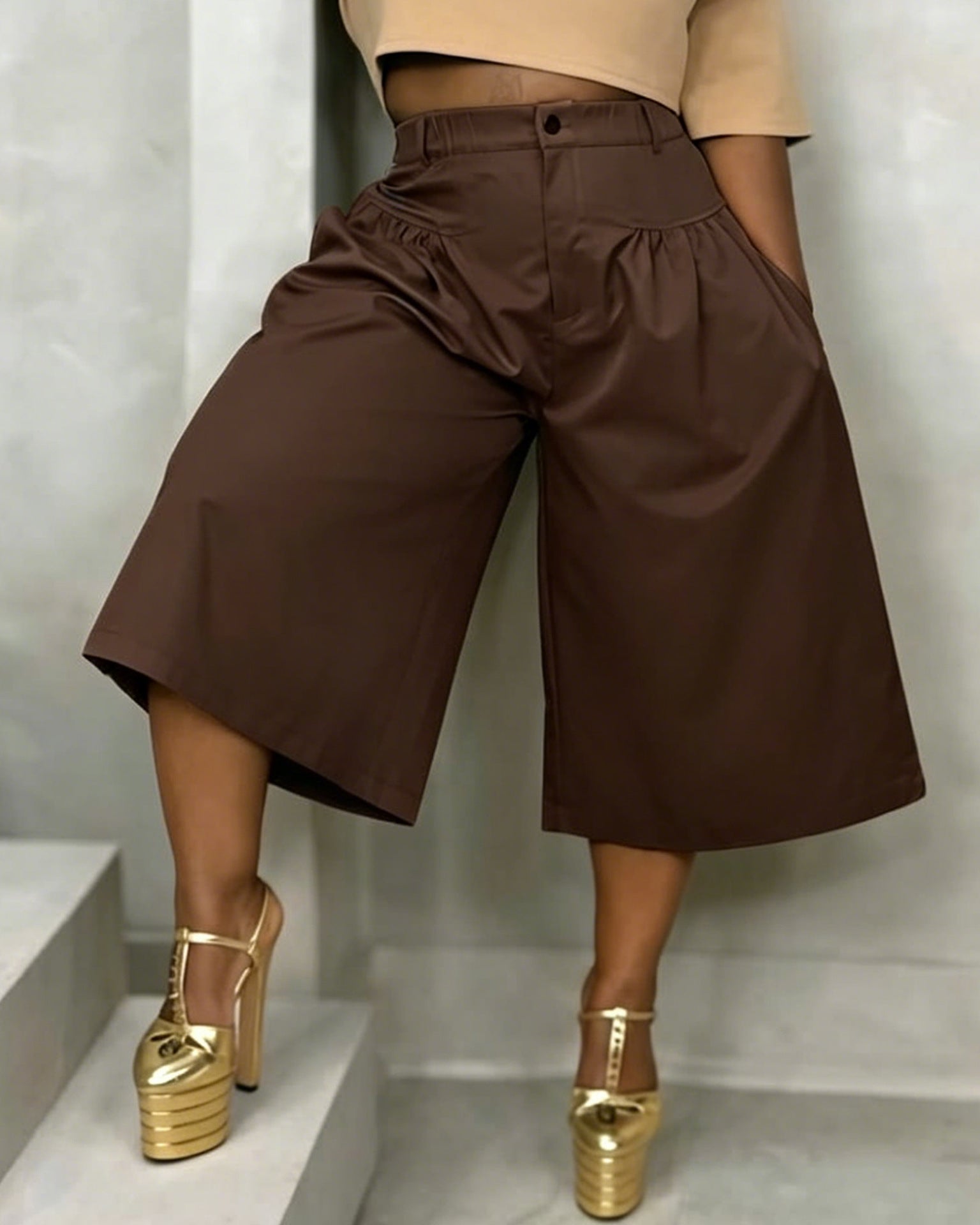 Ld2849 Khaki semi-élastique Waistband Front plissé large-leg Loose Fit Drapey Straight Casua