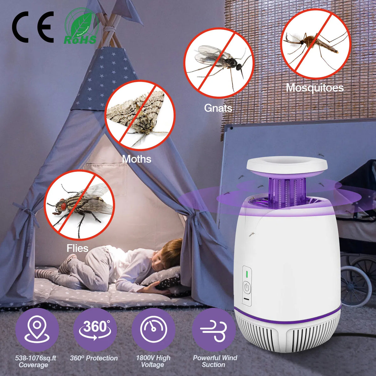 Plug-in Mosquito Zapper Max 1076Sq.Feet Range Vol électrique Zapper avec 3 modes Mosquito Ki