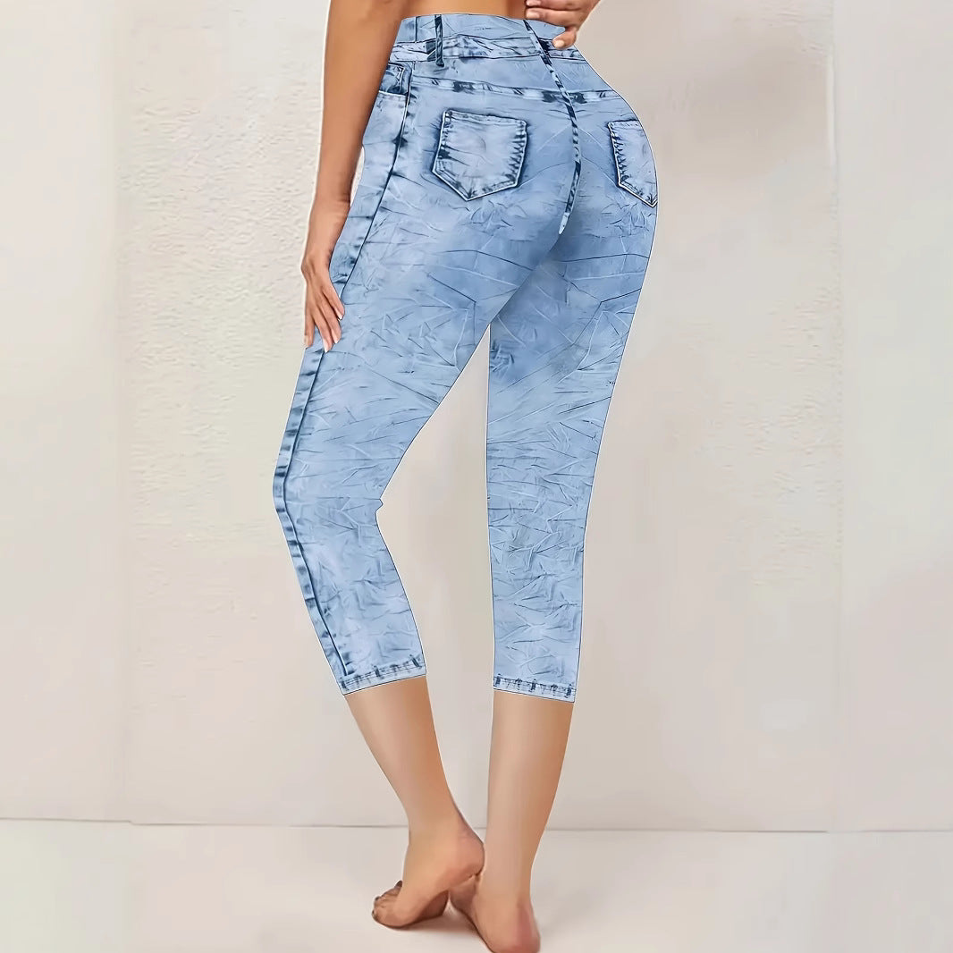 High-stretch, tight-fit, high-waisted, denim-look for summer
