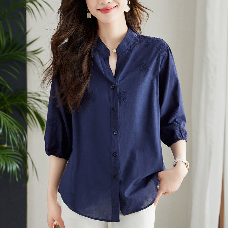 Blouse blanche à col V Manches à trois quarts Arrivée Coton pur