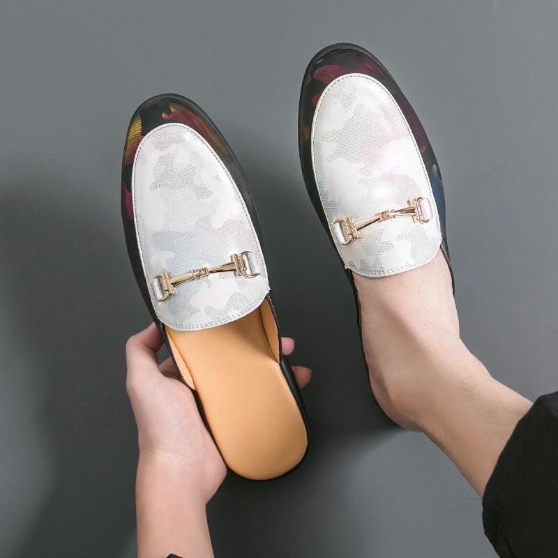 Style Fermé orteil demi-dépliant-Flops Hommes Couleur métallique Sandales en cuir coupées en V peu profond