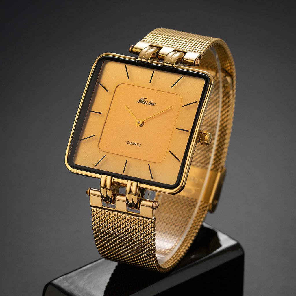 Classic Minimalist Square en acier inoxydable Mesh Band Montre Quartz