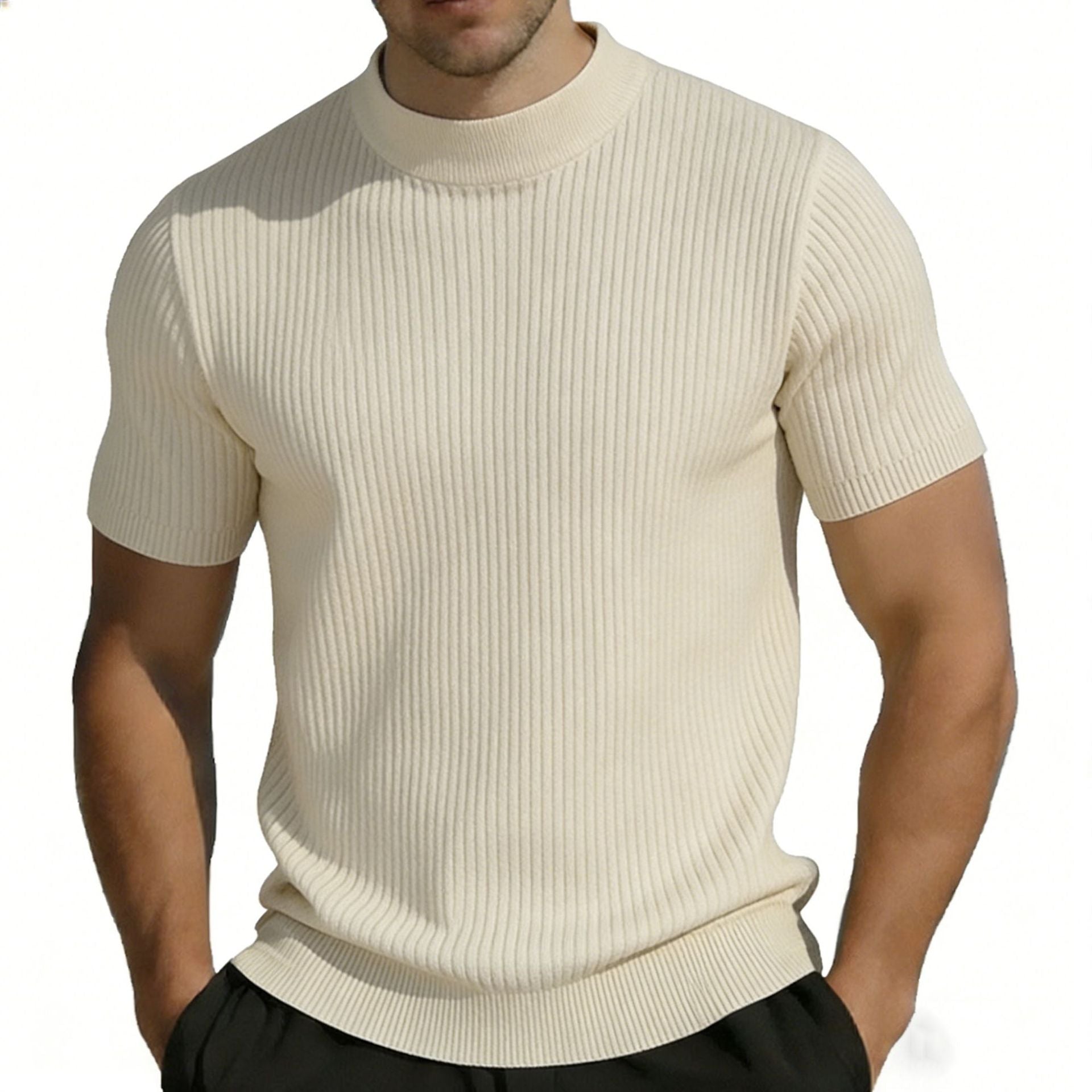 T-shirt tricoté à manches courtes pour homme Mock Neck Couleur solide