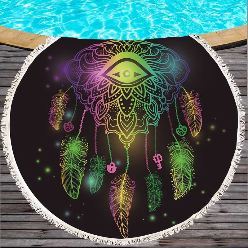 Serviette ronde de plage avec plumes colorées et goussets
