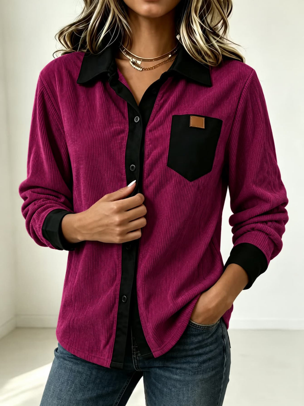 Chemise à manches longues à boutons côtelés