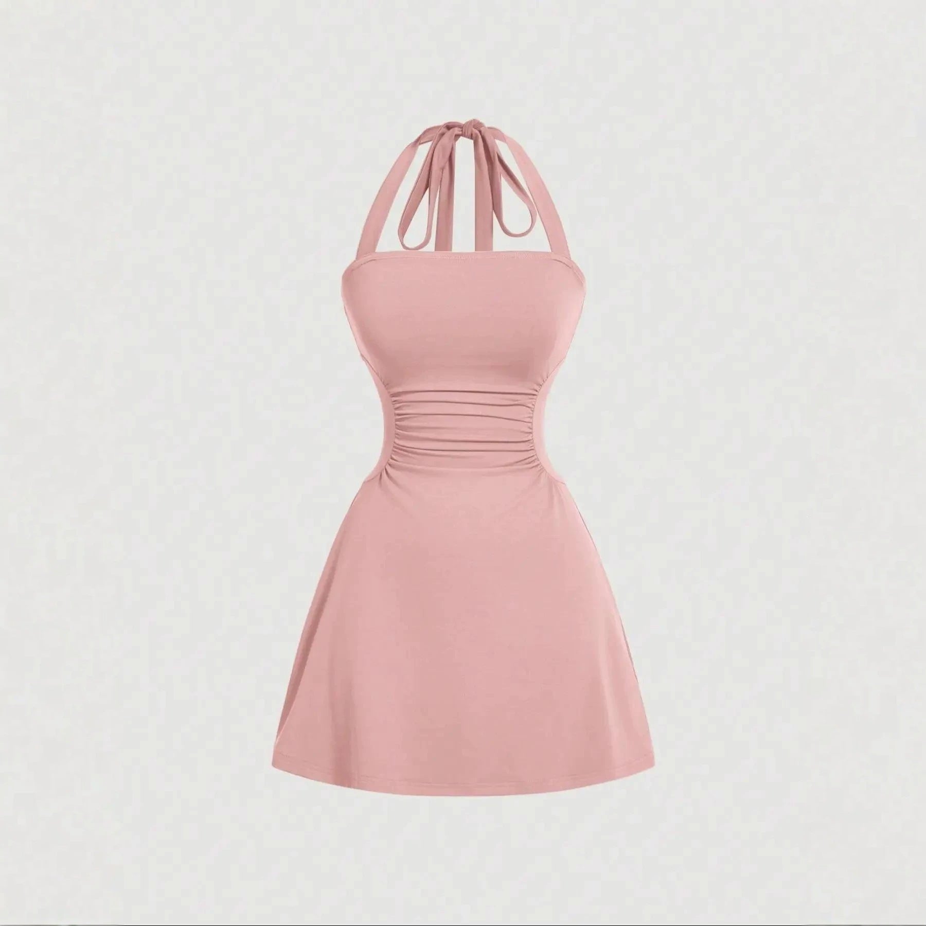 Robe de sangle spaghetti sans dos en tissu plissé couleur solide pour femme