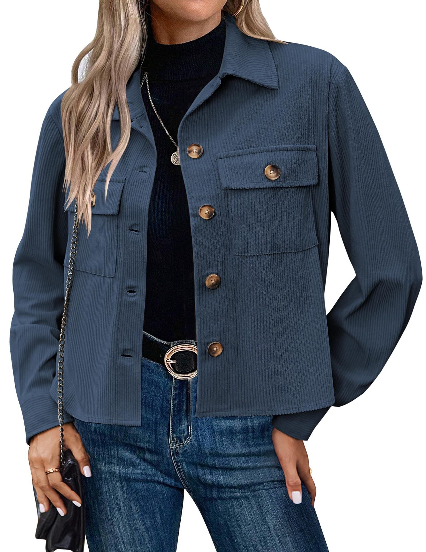 Femmes Casual Corduroy Bouton vers le bas Veste taillée Mode Court Top