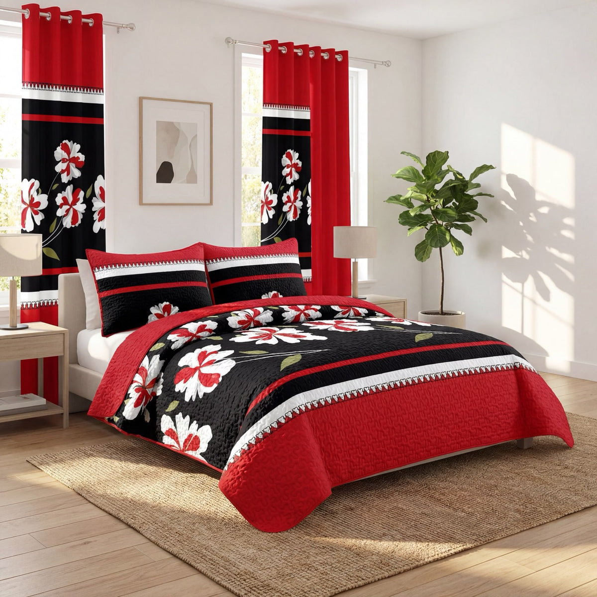 Couche de lit et rideau noir et rouge 9 pièces