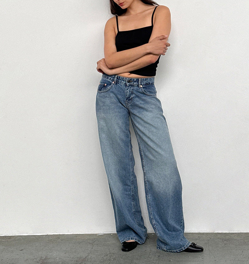 American Style Retro Low Waist Non élastique Lavé droit Jeans Femme Autumn Street Wid