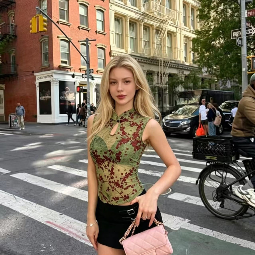 Sexy Floral Sheer Slim-fit Cheongsam-collar T-shirt