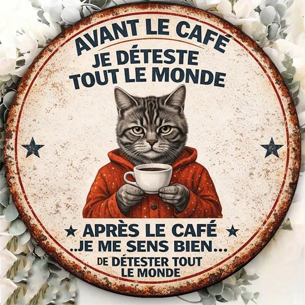 8x8in Vintage French Lover Cat Round Metal Sign Cafe Wall Decor