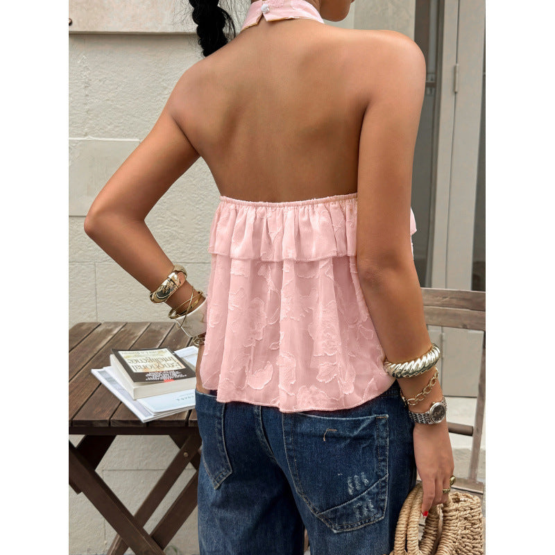 Elégant haut Halter de couleur solide avec la tige volante pour les femmes