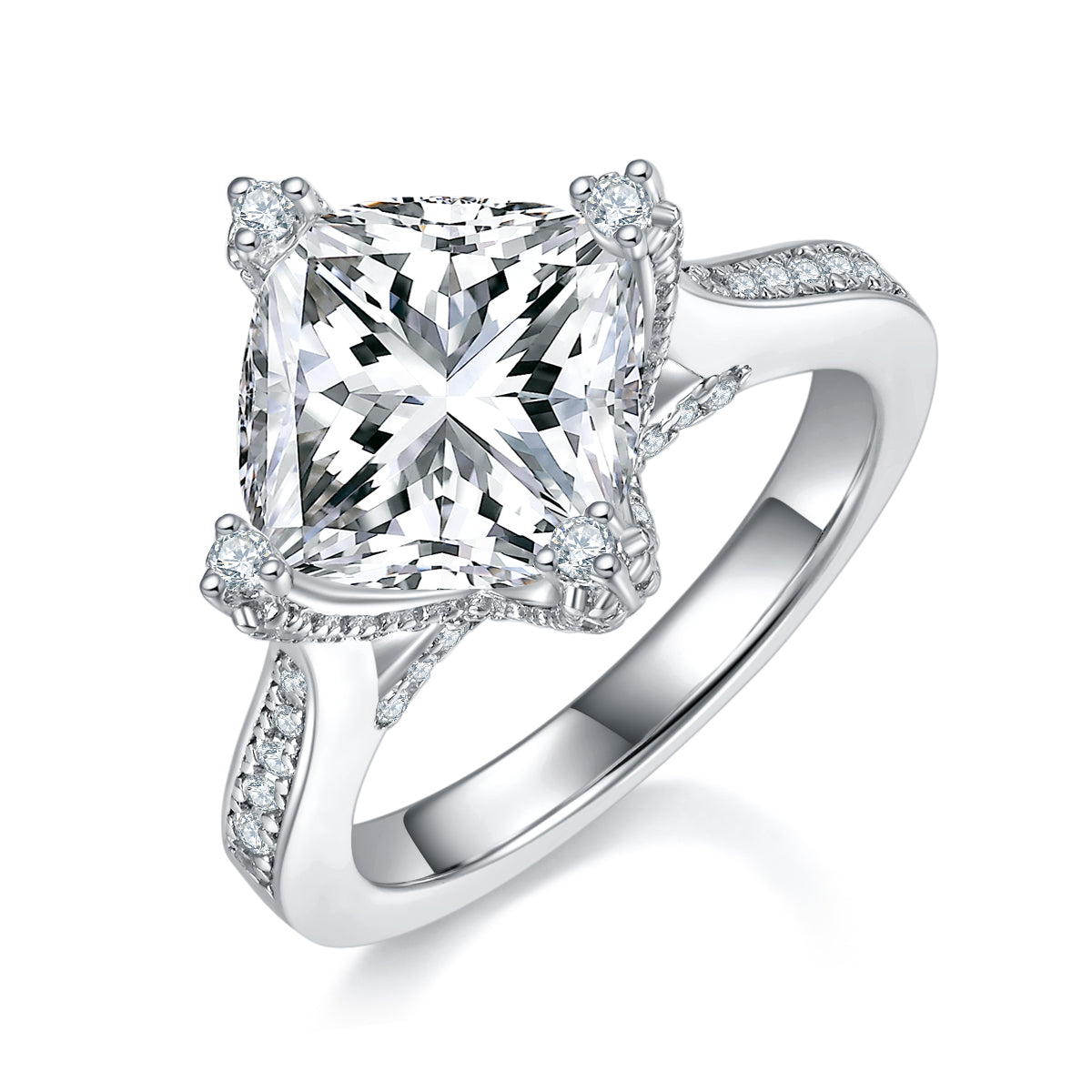 S925 Argent Sterling 4.0ct Princess Cut Moissanite Anneau 9.0mm D Couleur VVS1 4-Prong Pave US
