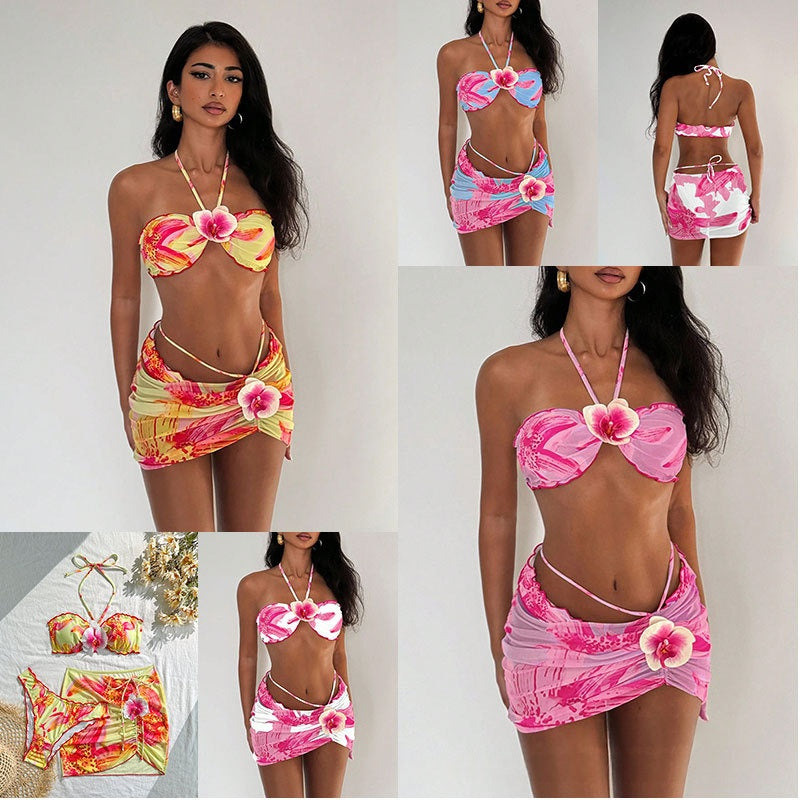 Ensemble de trois pièces de bikini à col haltère imprimé