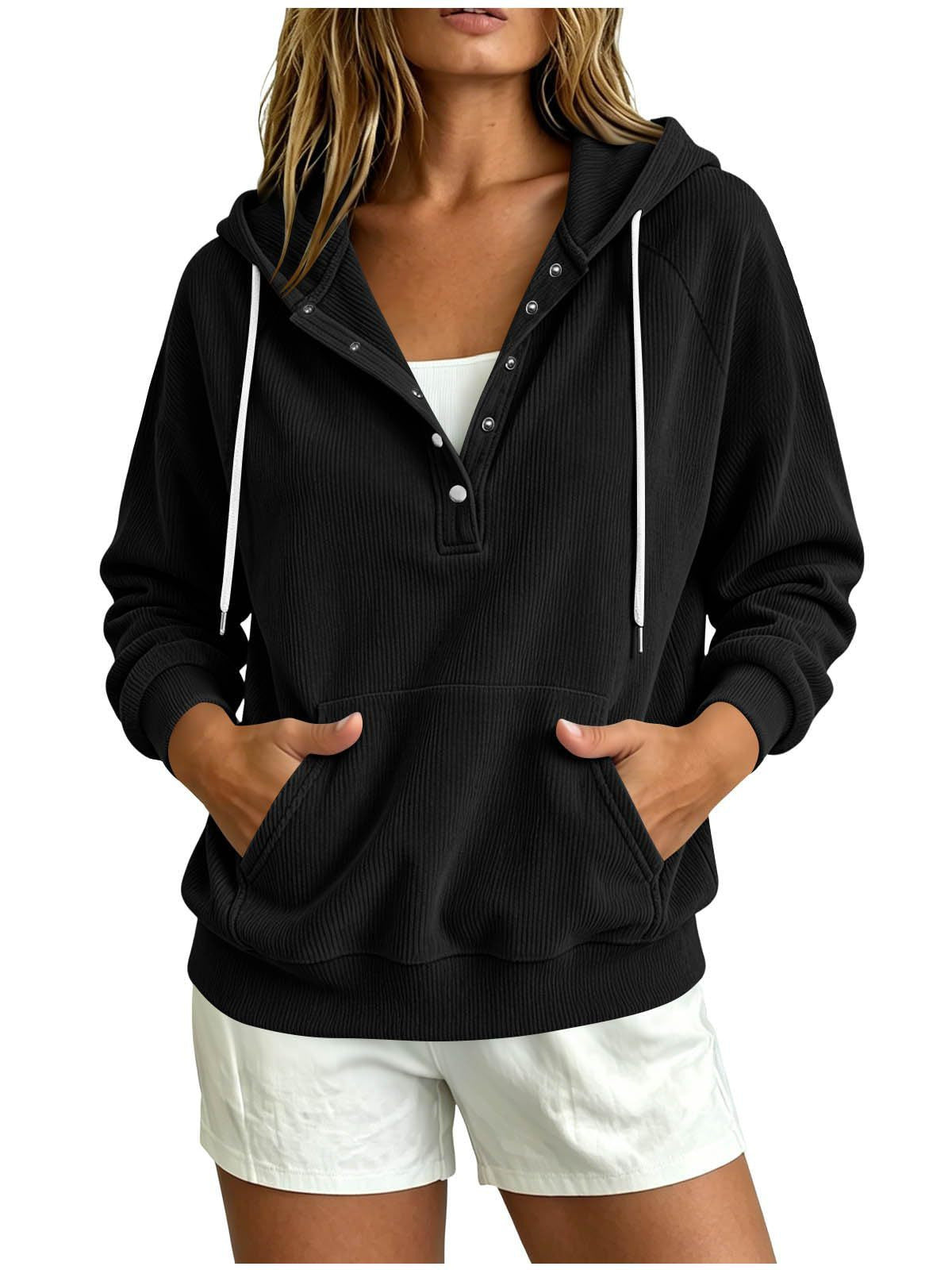 Style d'automne Sweat-shirt à capuche dressy pour femme européenne avec bouton à moitié fermé