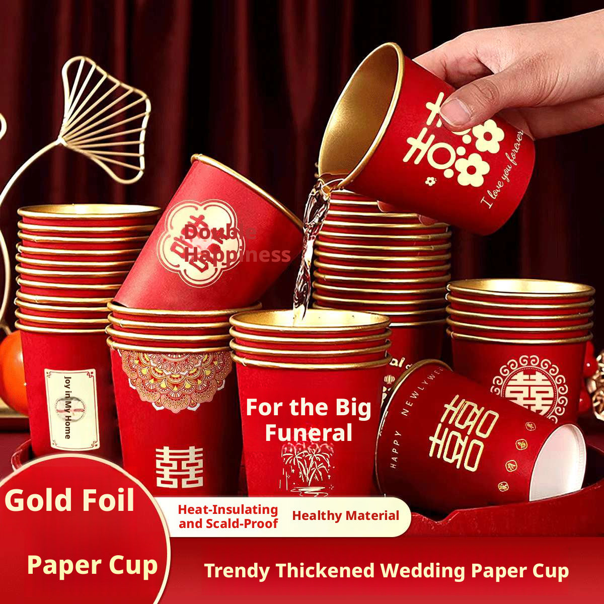 Feuille d'or en papier de mariage tasse-jetable-rouge-50 pcs