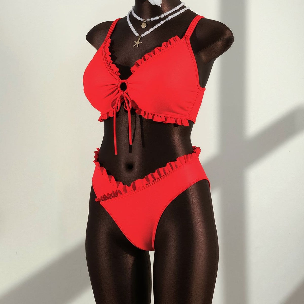 Maillot de bain rouge à deux pièces pour femmes Haute-Taille avec volant