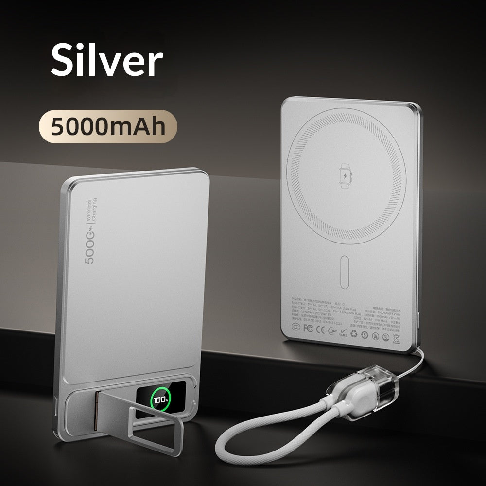 Batterie externe ultra-mince avec support d'écran couleur et charge magnétique sans fil