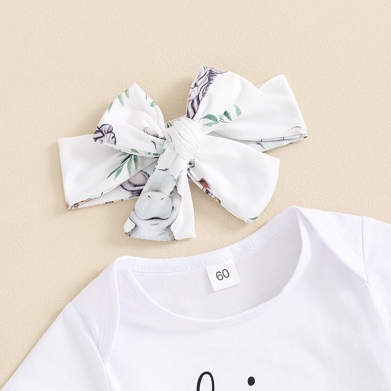 Letter-print Chapeau à manches courtes Romper Long Pantalon et bandeau de quatre pièces