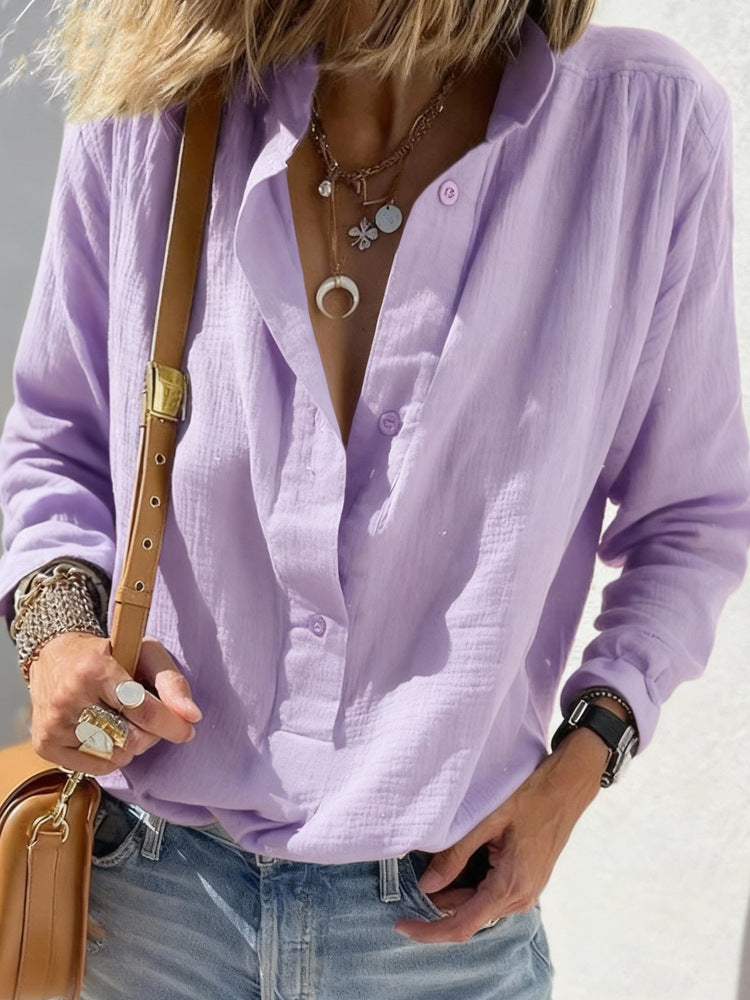European and American Spring Women's Casual Loose Fashion Long Sleeve Cotton Chanvre Solid Co