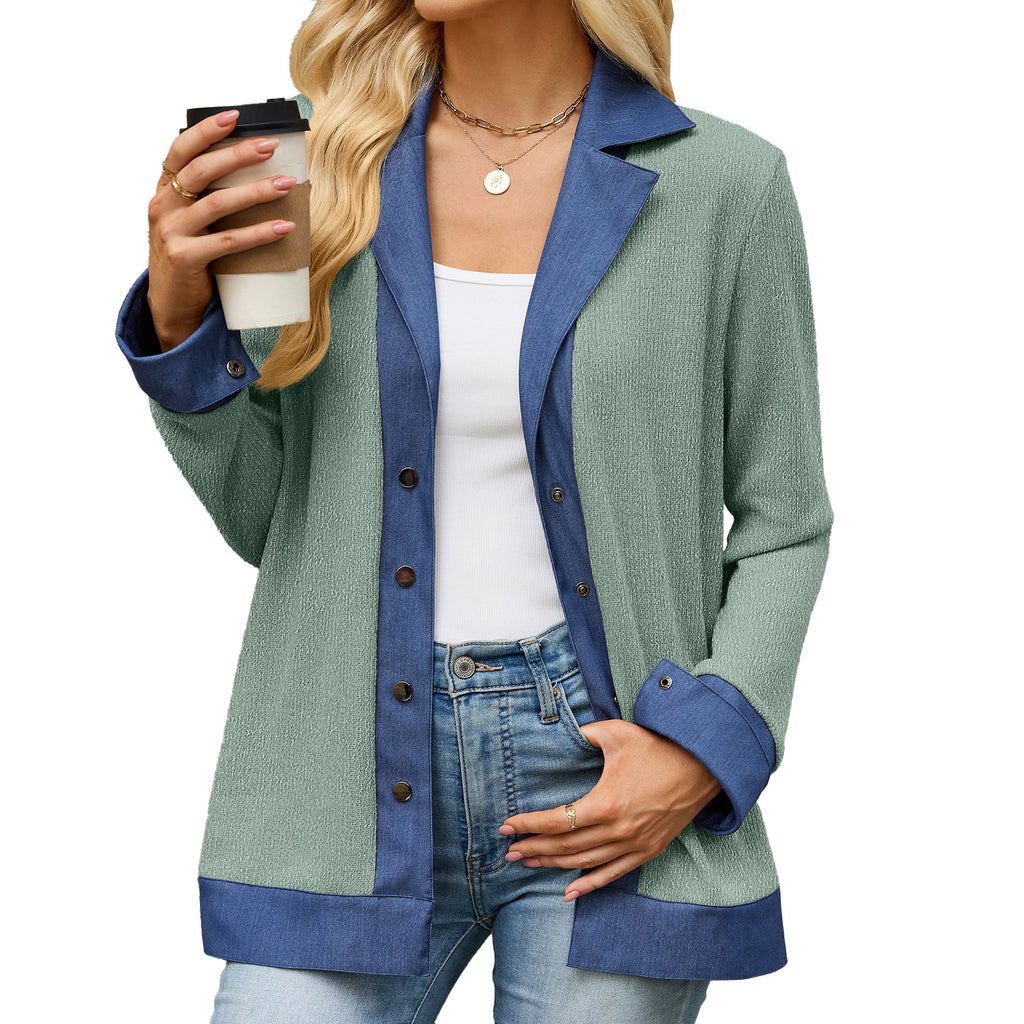 Denim Contraste couleur Lapel-bouton Loose-fit manches longues Hoodie