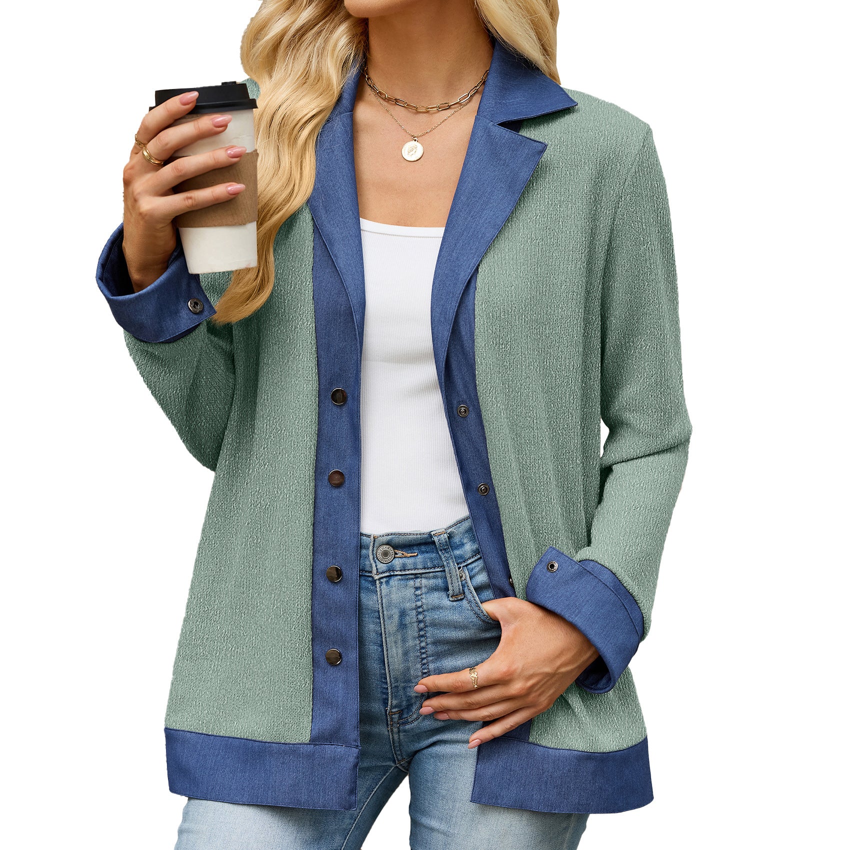 Denim Contraste couleur Lapel-bouton Loose-fit manches longues Hoodie