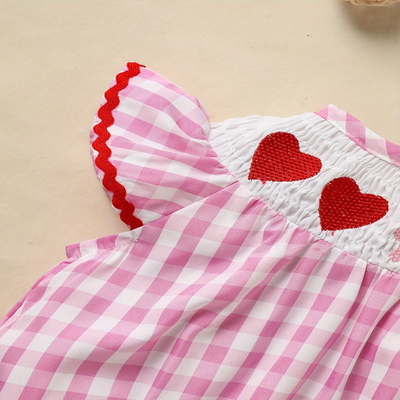 Broderie & Ruffle de coeur à carreaux de manches courtes de bébé fille avec le dos coupé- O