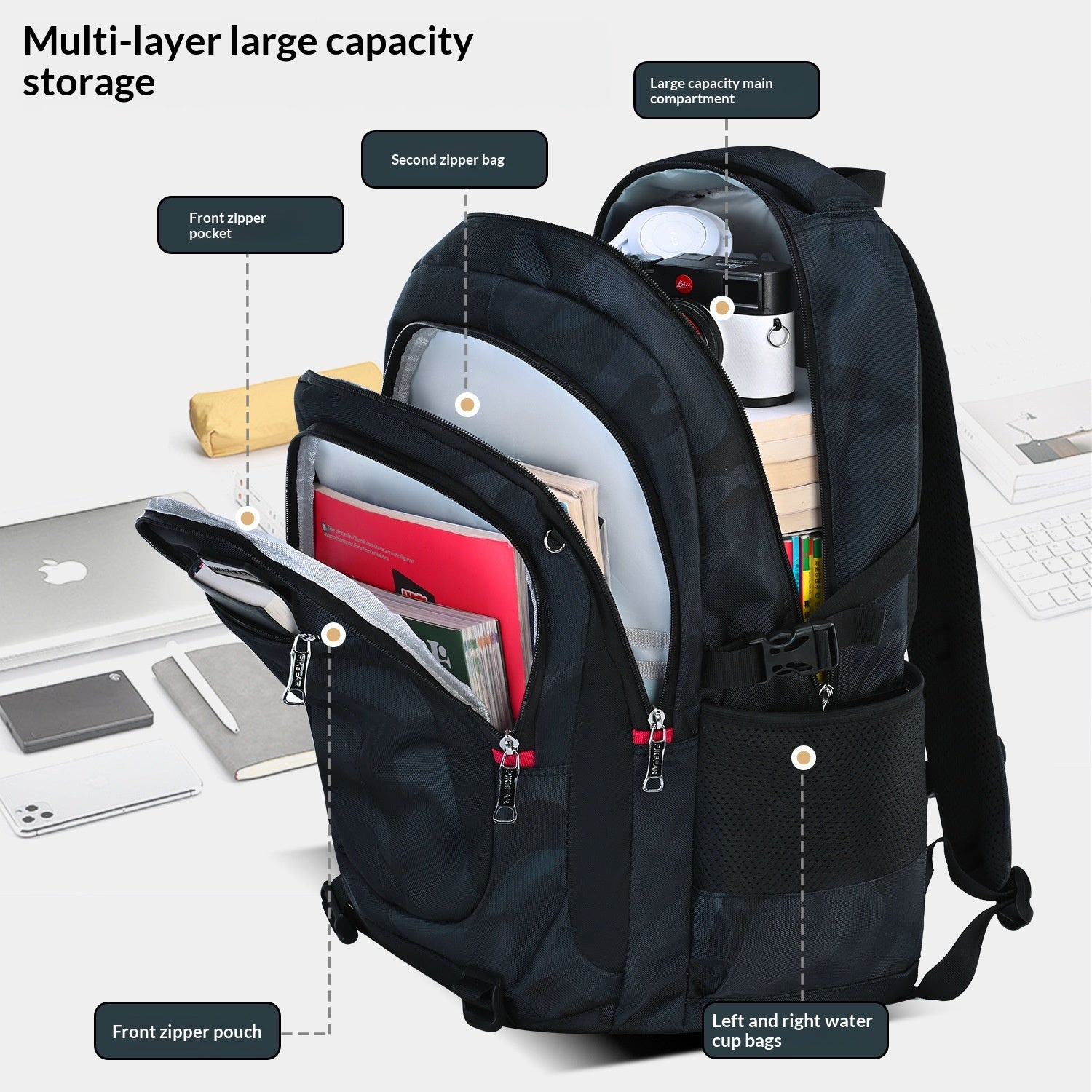 Sac à dos pour les étudiants de l'école moyenne et secondaire masculine Grande capacité Camouflage Design