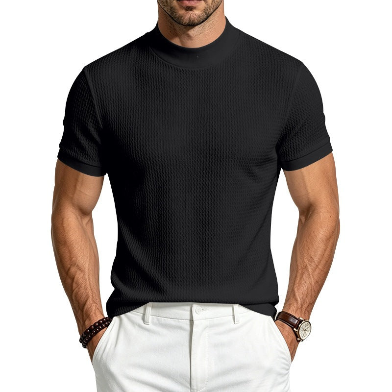 Men's Casual Jacquard Ribbon Texture Mock Neck Short Sleeve Top