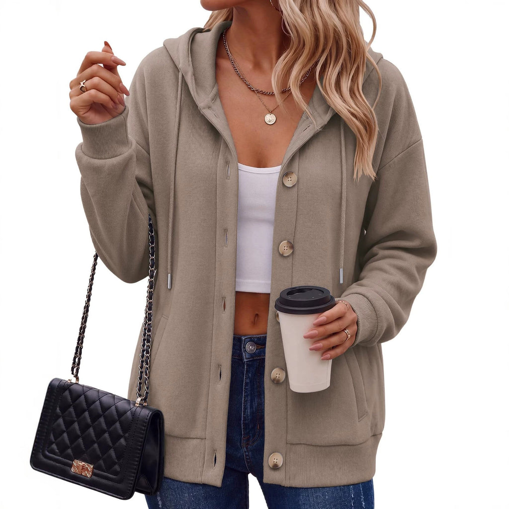 Veste polyvalente de couleur solide bouton-up manteau à capuche casual femmes