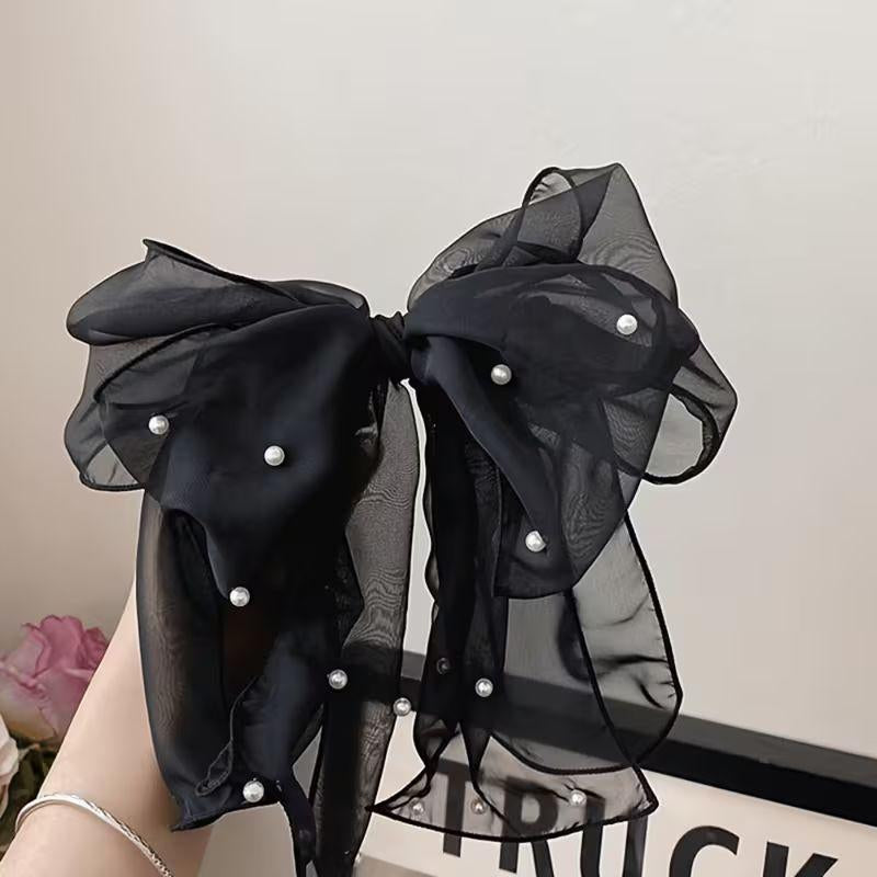 Perle Fil de Neige Large Bow Clip pour cheveux - Accessoire pour cheveux de queue de cheval demi-haut pour femmes auto-épic