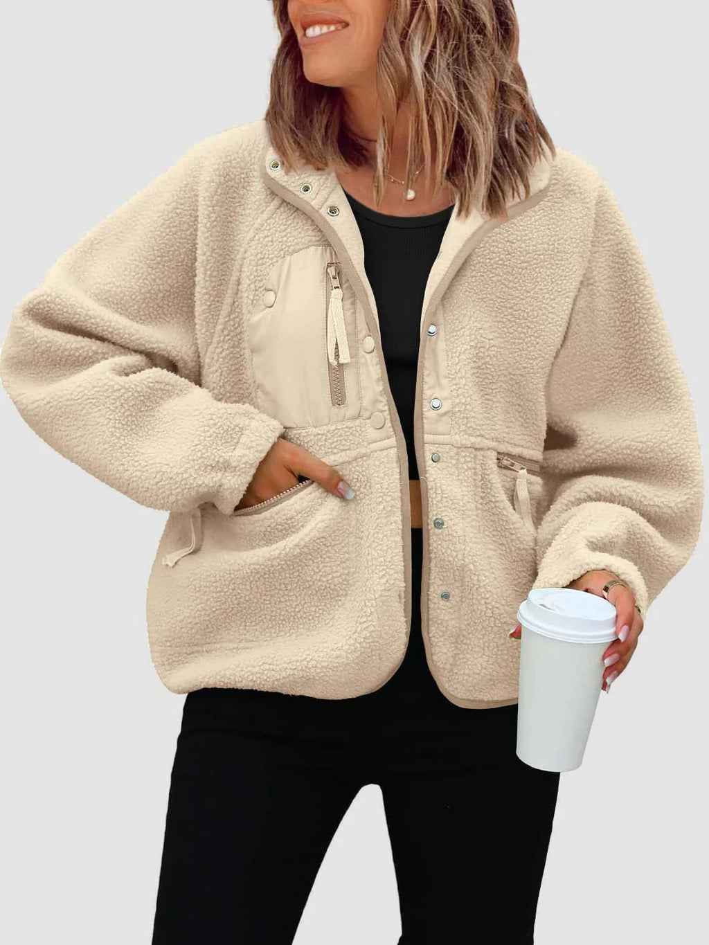 Veste en peluche cardigan courte Laine d'agneau