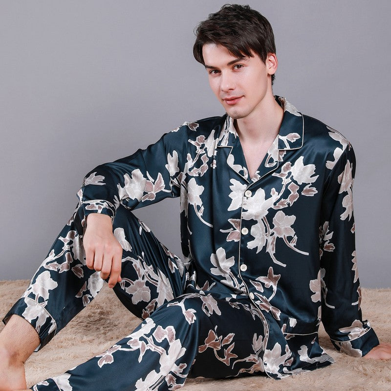Pyjama pour hommes Silk Spring Long Sleeve Print Cardigan Printemps et Automne Loisirs Ice Silk Ho