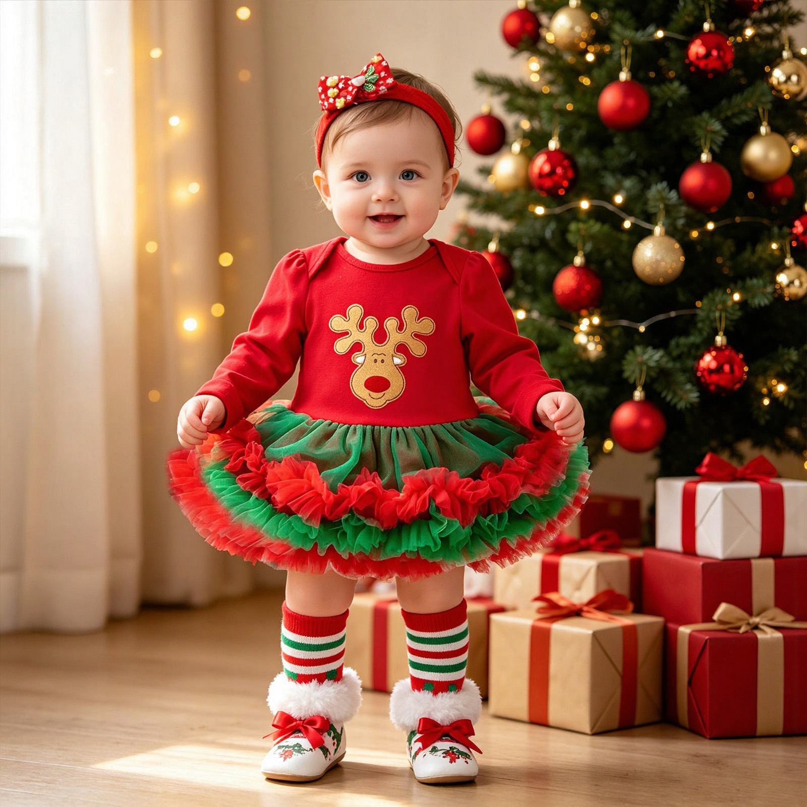 Bébé Noël à manches longues Robe de Romper rouge Tulle Une pièce Ensemble de quatre pièces