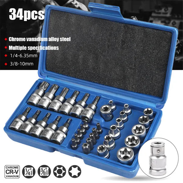 Socket Torx Bit 34pcs et E-Torx Star Socket Set 1/4" 3/8" 1/2" Drive Homme Femme E-torx S