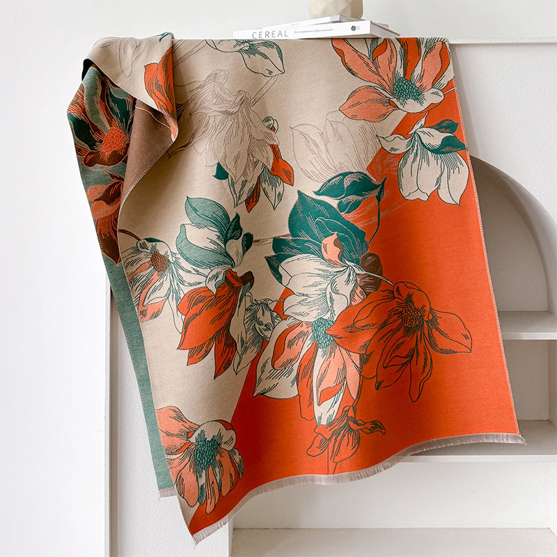 Paysage de style chinois et écharpe au look cachemire floral