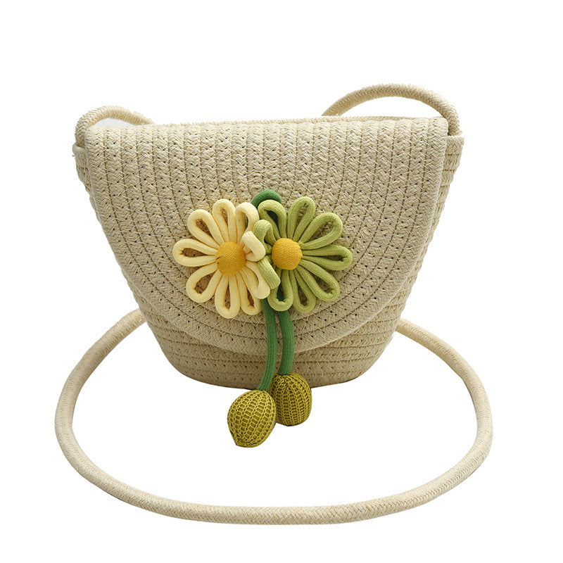Été Cotton Rope Woven Phone Bag avec le design floral mono-épaule style