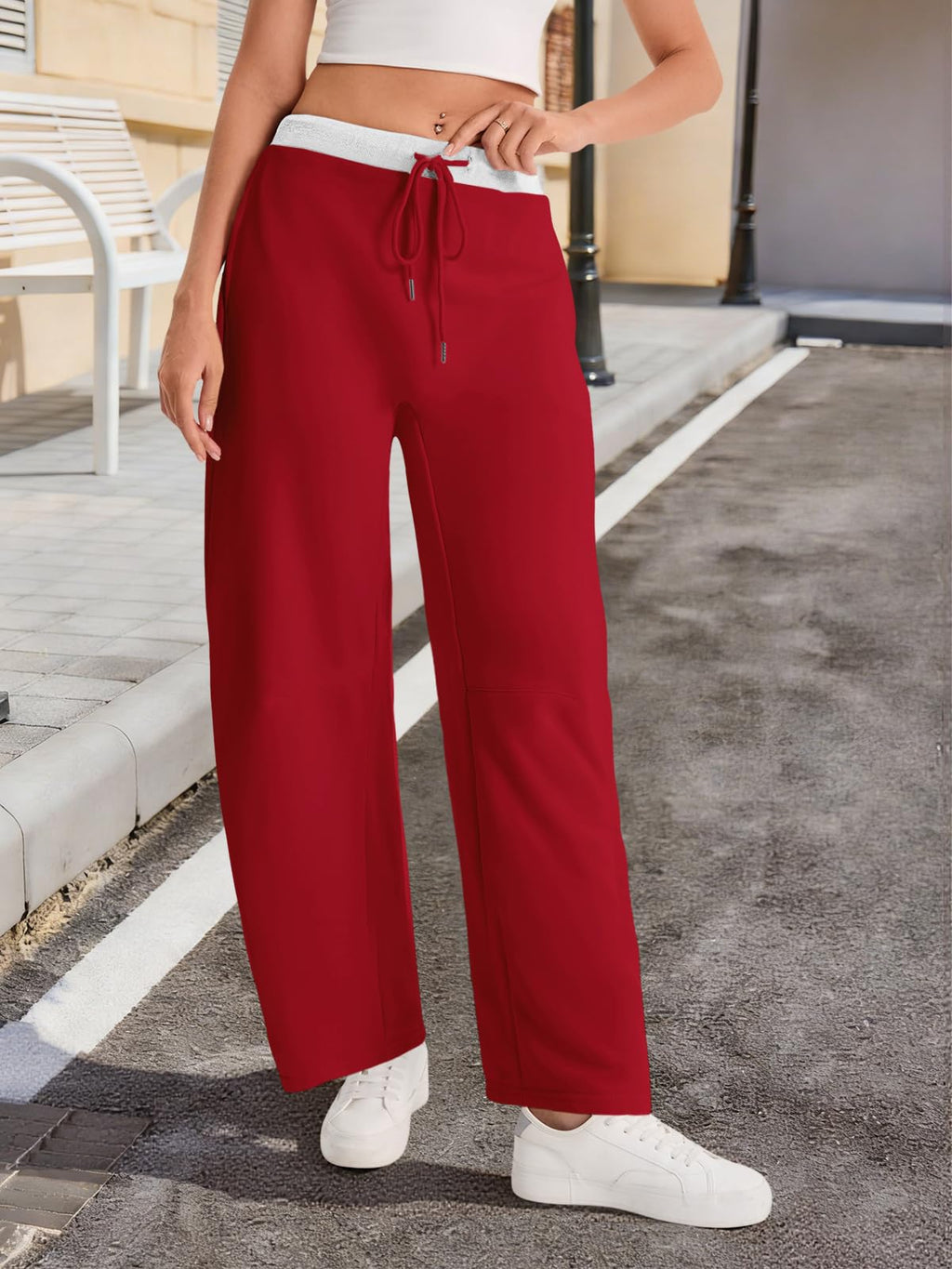 Fisoew femmes large jambes sweatpants Baggy cordon drawstring élastique Waisted Travel Pants Colo