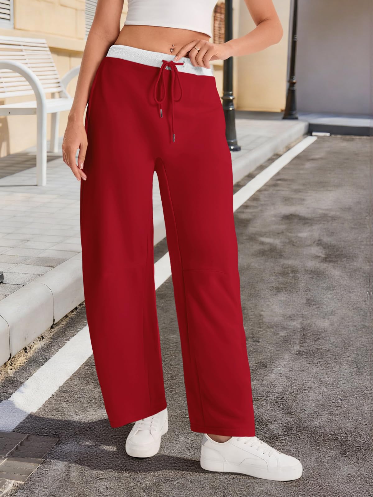 Fisoew femmes large jambes sweatpants Baggy cordon drawstring élastique Waisted Travel Pants Colo