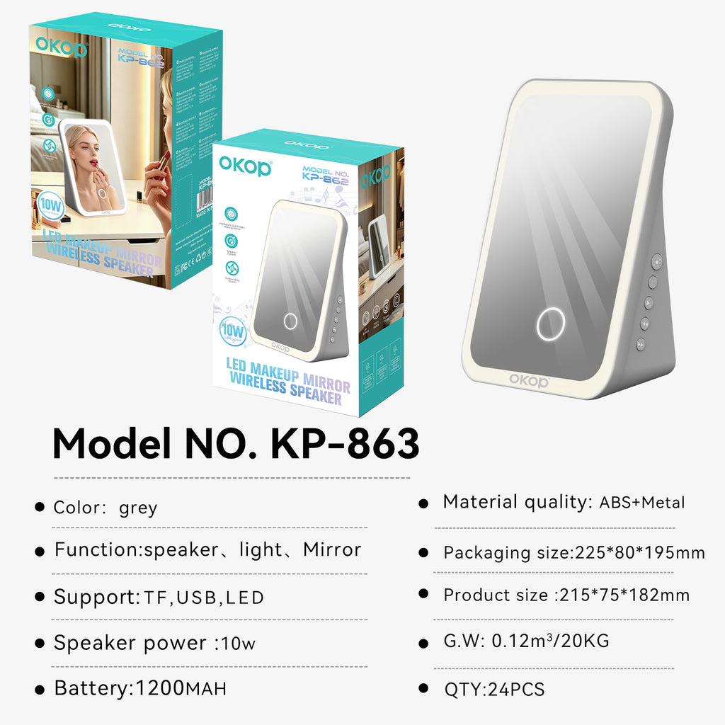 KP-863 Portable Bluetooth Haut-parleur Maquillage miroir avec Fill Light Compact Desktop HD miroir