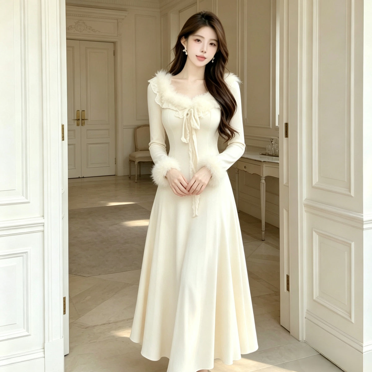 Robe longue flatteur en dentelle avec une vibe d'automne cozy