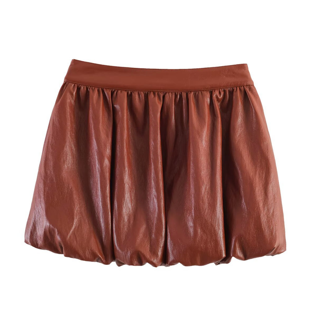 Rust Faux Leather 3 Piece Set Bomber Jacket & Mini Bubble Skirt & Bermuda Shorts