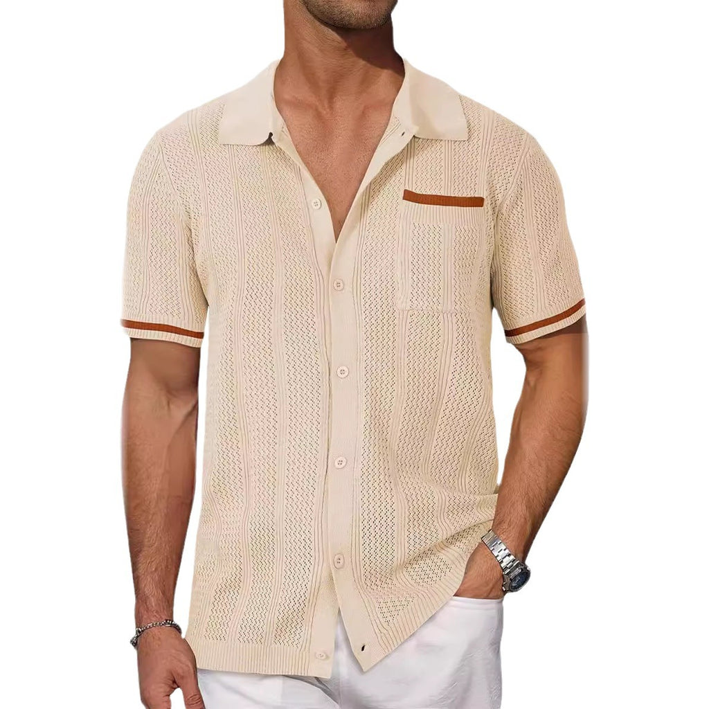 Chemise à manches courtes Poche Hollow Respirant Cool Summer Veste Casual Homme Cardigan