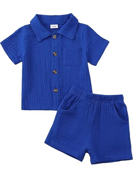 Bébé garçon coton-liné de couleur solide tissu texturé Collier à manches courtes supérieur élastique Wa
