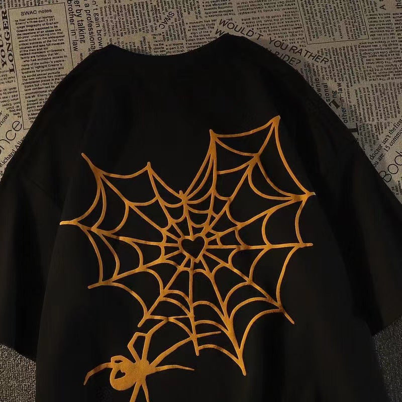 100 coton été mode marque lettres Spider Web imprimé manches courtes T-shirt Jeune Et